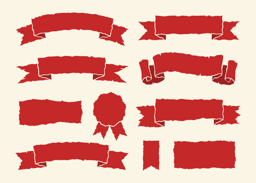 Set of red decorative ribbons and seals in vector style