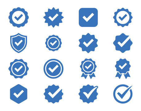 Collection of blue checkmark confirmation icons with various shapes and styles