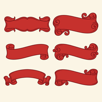 Set of six decorative vintage ribbon ends with swirls in brown