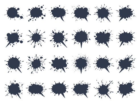 Dark ink splatter explosion on white surface with sharp edges