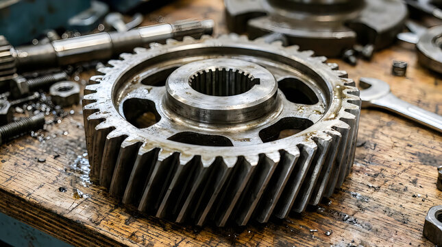 Large metal gear wheel sitting on a dirty wooden workbench in a professional auto repair shop