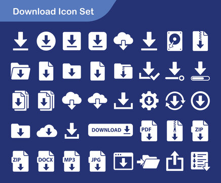 Flat download icon set with various file types and arrows
