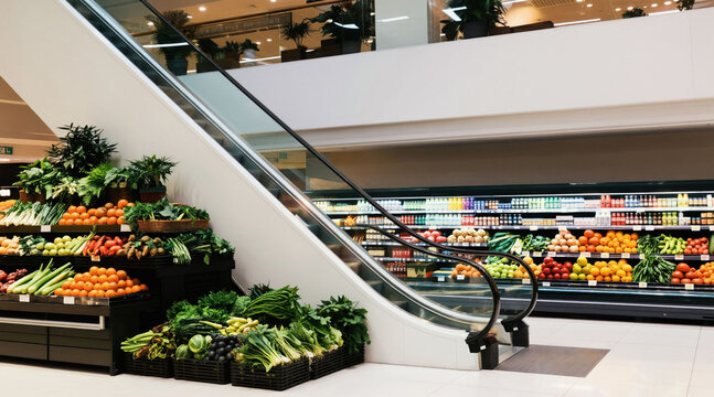Modern supermarket interior features abundant fresh produce displays near escalator. Shelves are stocked with colorful fruits vegetables, packaged goods. Clean, spacious layout encourages shopping.