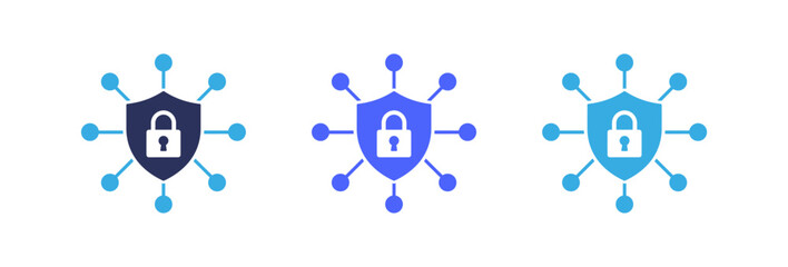 Fototapeta premium Cyber security shield icons with padlock and network connection nodes in blue colors.