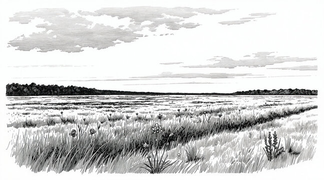 Hand drawn black and white illustration of wide prairie landscape with scattered wildflowers and grass under cloudy sky. Distant treeline borders expansive open field creating serene natural vista.
