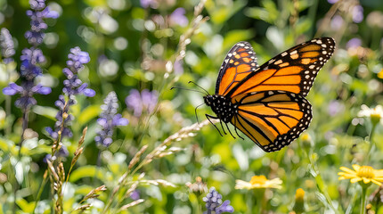 Obraz premium Beautiful orange monarch butterfly resting on a green plant in a sunny summer garden