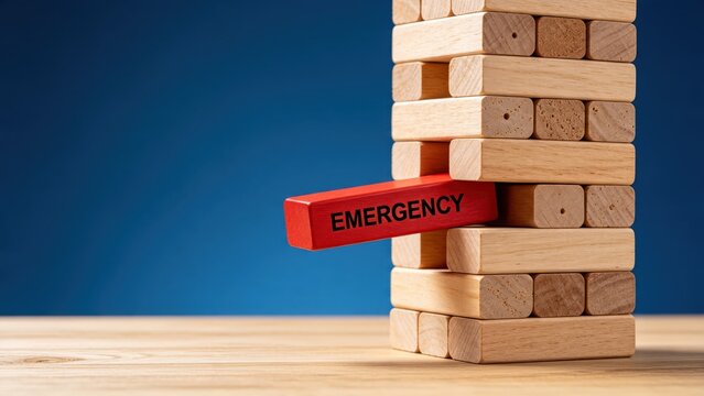 Red wooden block labeled emergency sticking out from a Jenga tower, representing crisis management, business risk, instability and the critical need for urgent solutions.