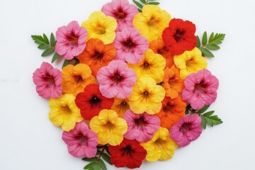 Fototapeta premium Brightly colored Mirabilis Jalapa flowers arranged on marble surface. Flat lay composition shows pink, yellow, orange, red blossoms with green leaves against white background, creating vibrant floral