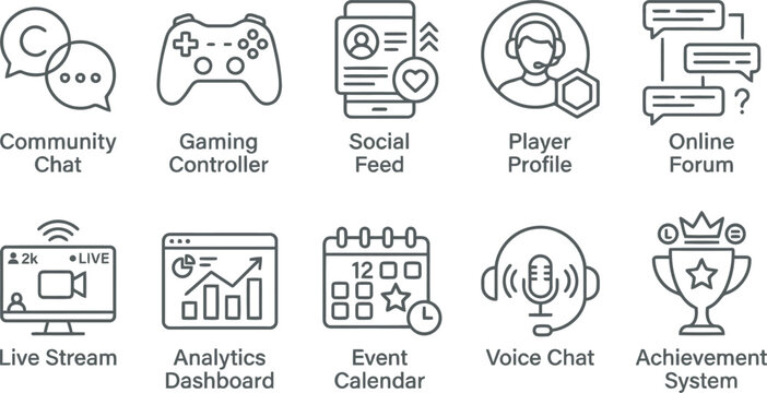 Collection of outline icons related to online gaming and streaming