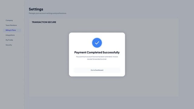 Premium Account License Payment Completed Successfully Transaction Secure Confirmation Modal UI Animation