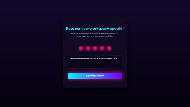 Five Star Rating Feedback Form Pop Up Window Animation in Dark Mode Workspace UI