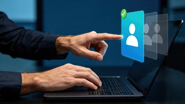 User selecting digital identity profile on laptop screen with verified checkmark icon representing online authentication cybersecurity personal data protection and user account