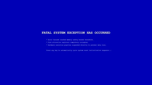 Classic computer fatal system exception crash window cascade animation on blue screen, operating system error notification