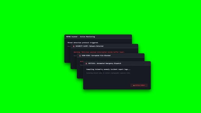 Dark mode retro computer scanner warning popups cascade with terminal syntax failure crash text on green screen background
