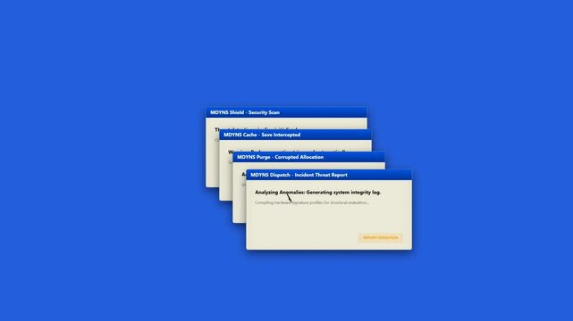 Vintage cream and blue computer operating system interface security scan warning popups cascade and critical risk threats found screen