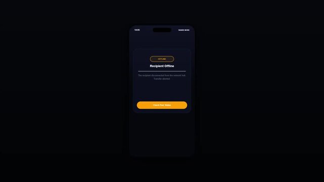 Dark Mode Mobile Peer to Peer File Sharing UI Animation Showing Recipient Offline Error Screen
