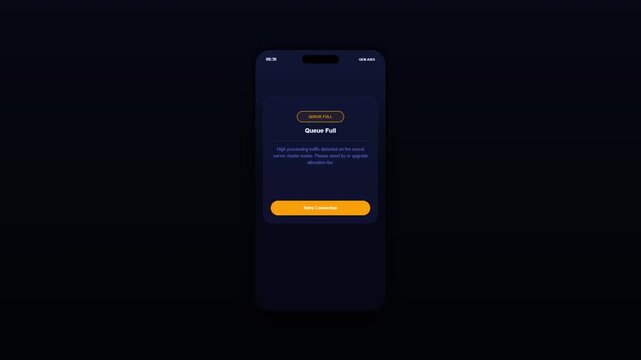 Dark mode mobile application user interface displaying an artificial intelligence video generator queue full error screen mockup