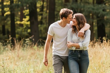 Fototapeta premium Young couple walks through summer forest. Man hugs woman, they smile looking each other. Romantic partners enjoy nature, outdoor leisure time together.
