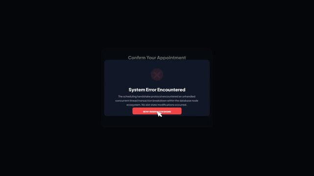 User interface of online calendar appointment scheduling software on dark background showing system error encountered crash during reservation engine confirmation process
