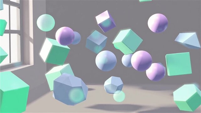4K seamless looping 3D isometric abstract background, floating geometric shapes cubes spheres