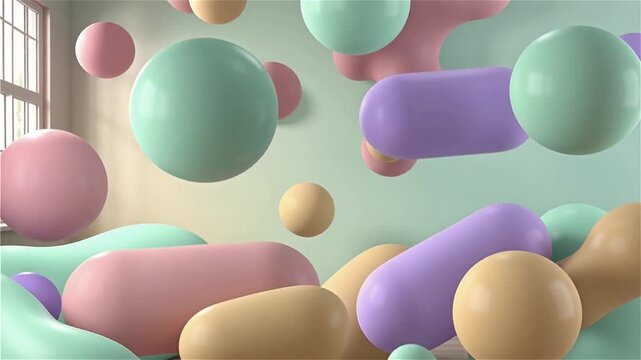 Organic 3D isometric abstract background with soft squishy blob shapes and spheres, pastel color palette