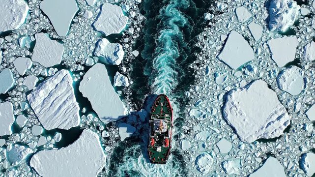 aerial view of ship navigating through floating ice in arctic ocean, vessel cutting path between ice floes with dramatic textures and cold blue tones, global shipping and climate concept
