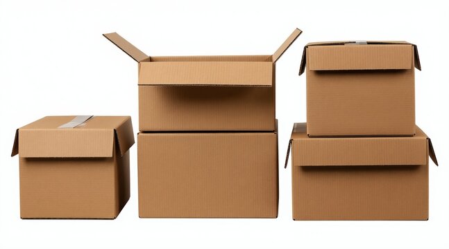 Cardboard boxes of various sizes arranged. Open with flaps up, others closed. Stand on clean white surface, ready for packing shipping. Group includes different dimensions for storage needs.