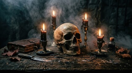 Naklejka premium Halloween skull altar with black candles, old book, potion bottle, and smoke.