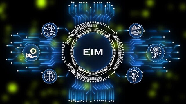 futuristic EIM interface with hexagonal business icons. modern technology  showing project management process. global business strategy and project workflow network dashboard.