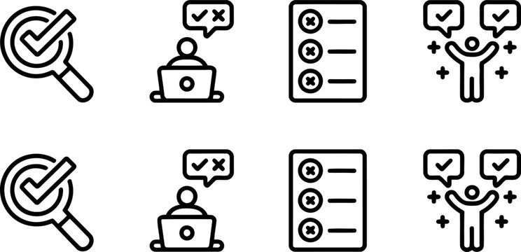 Checklist icons with magnifying glass person at laptop and happy person mark cross