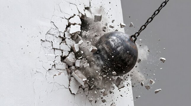 Wrecking Ball Smashing Through White Wall Creating Debris and Dust.