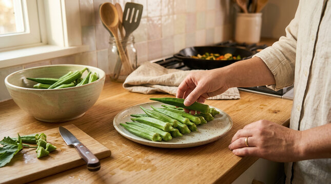 Preparing Fresh Okra For Culinary Delights In A Warm Kitchen Setting