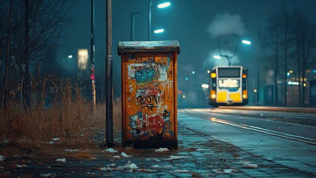 Night scene of a graffiti-covered box near tracks, illuminated by streetlights, with train