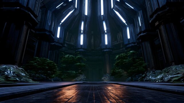 A worm s eye view of a futuristic ancient temple courtyard featuring glowing highlights and shimmering textures inspiring curiosity