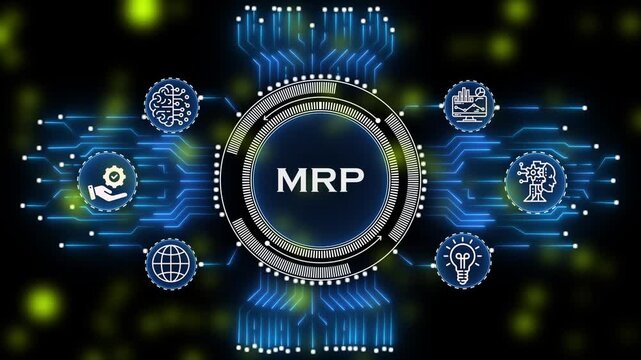 futuristic MRP interface with hexagonal business icons. modern technology  showing project management process. global business strategy and project workflow network dashboard.