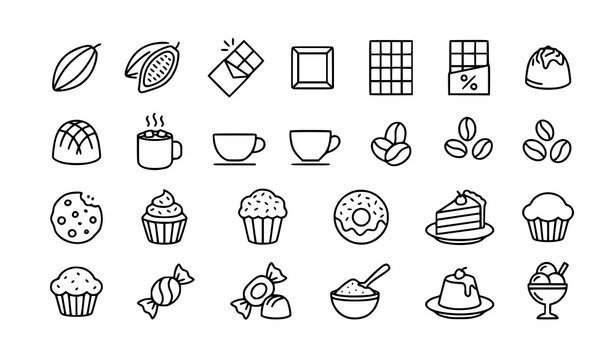 Chocolate line icon set with cocoa coffee dessert and confectionery symbols