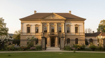 Fototapeta premium A grand European-style villa with a symmetrical facade and lush gardens, set amidst rolling hills in a serene rural landscape.