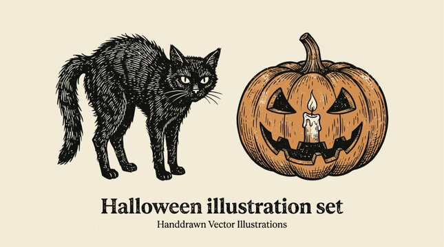 Collection of hand drawn vector vintage aesthetic Halloween icons featuring a mysterious black feline and a glowing lantern, classic ink sketch design for festive seasonal decorations.