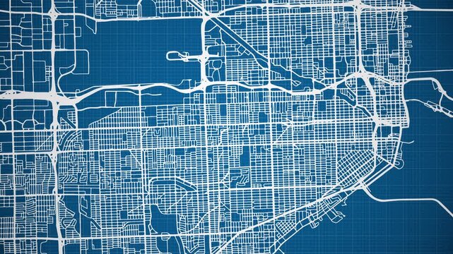 Ink reveal animation of Miami city, Florida (FL), United States of America, grid map. Aerial top view. Blueprint style. White lines with blue background. 4K Seamless loop.