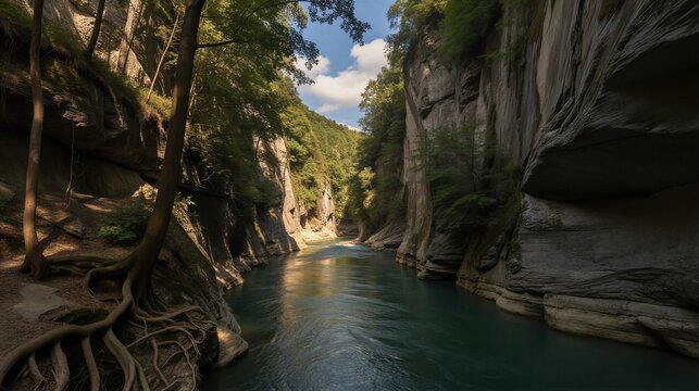 A serene river flows through a narrow canyon in Lower Austria's Ybbs Valley Gorge, reflecting majestic rock formations and lush greenery under a clear blue sky.