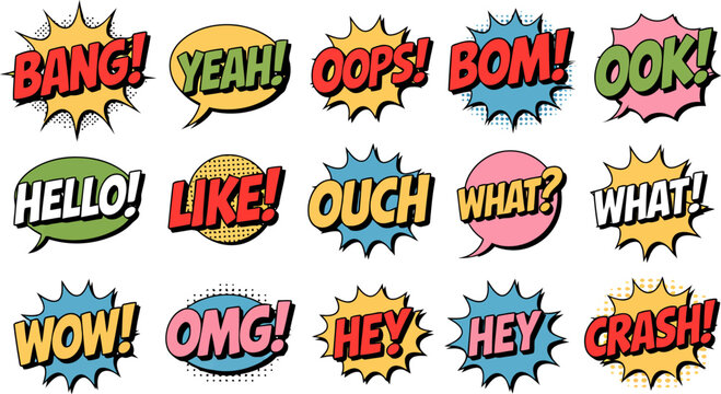 Comic book speech bubbles with words BANG,YEAH,OPS BOoM OK.HELLO,SELL,LIKE