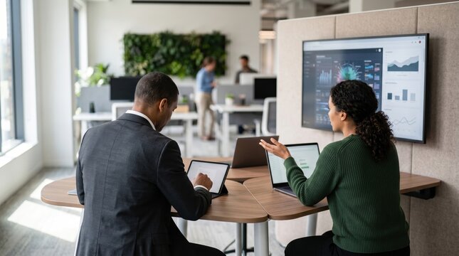 Diverse business team collaborating in modern office, analyzing data on digital screen and laptop for corporate strategy planning and professional meeting concept