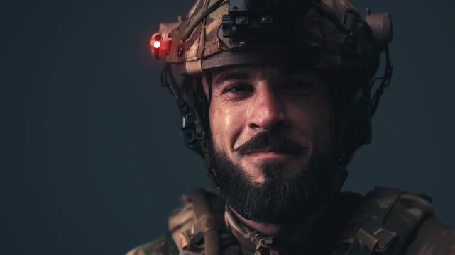 Modern soldier wearing tactical gear and night vision goggles standing on a dark background. Concept military operations, defense and tactical equipment.
