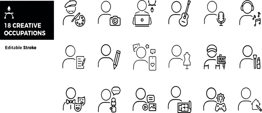 Creative Occupations Avatar Line Icon Set Featuring Artist, Photographer, Musician, Writer, Designer, Actor, Journalist, Game Developer, and Entertainment Industry Professions with Editable Stroke