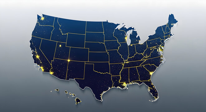 Night satellite view of the united states map showing glowing city lights and urban infrastructure