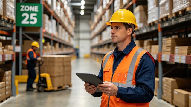 Male warehouse worker wearing yellow hard hat and orange safety vest, holding tablet computer for inventory management
