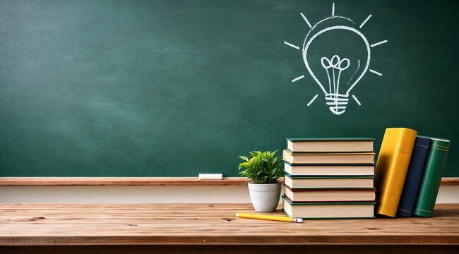 Classroom setting with books plant and lightbulb drawing on green chalkboard