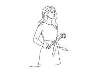 Fototapeta premium Continuous line drawing of minimalist elegant woman tying ribbon bow on her dress vector illustration