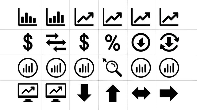 Grid of twenty black icons for finance charts graphs and directional arrows. finance