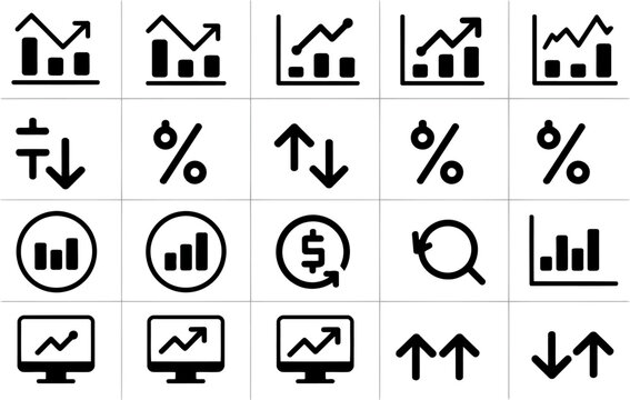 Grid of twenty black icons representing financial charts graphs and symbols finance